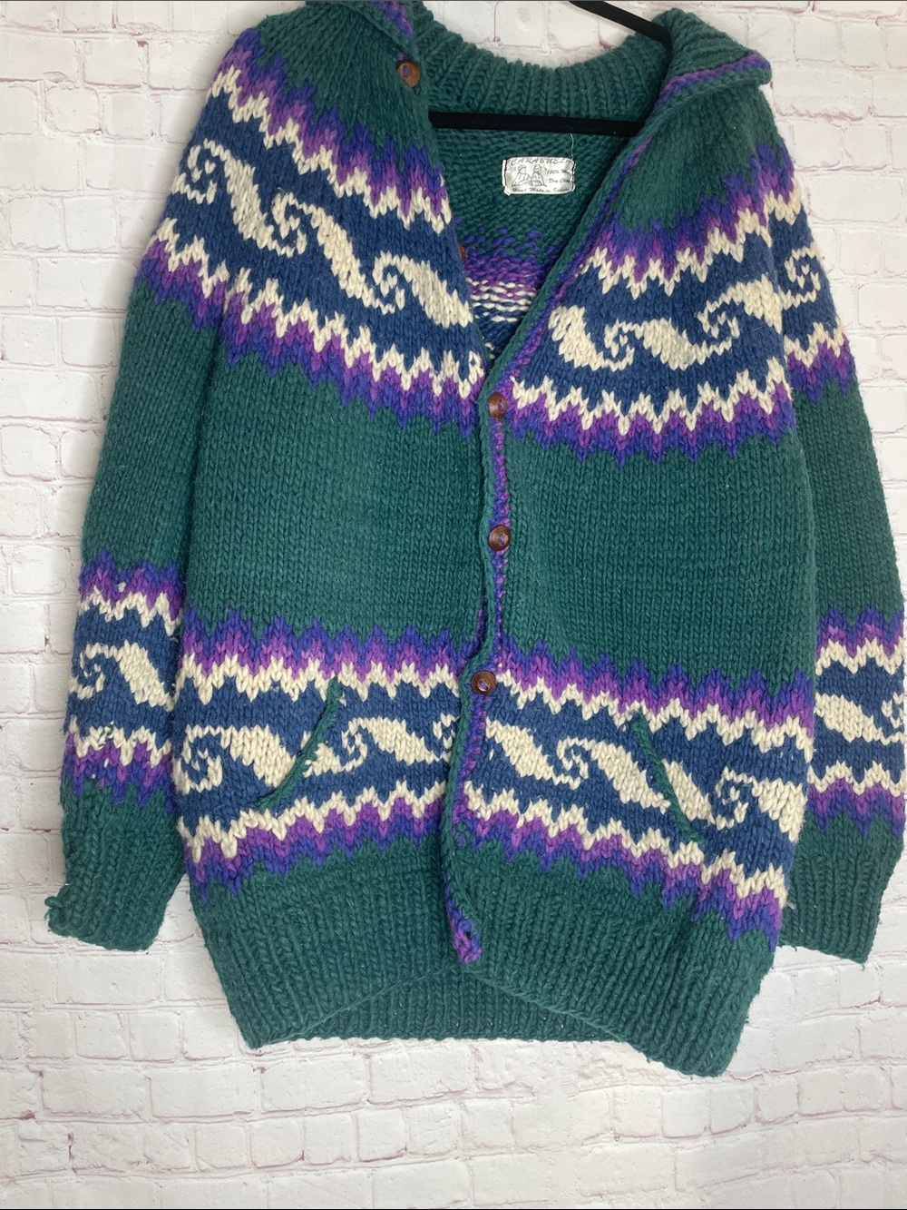 Handmade Teal 100% Wool Fair Isle Cardigan Sweater Carabuela Ecuador